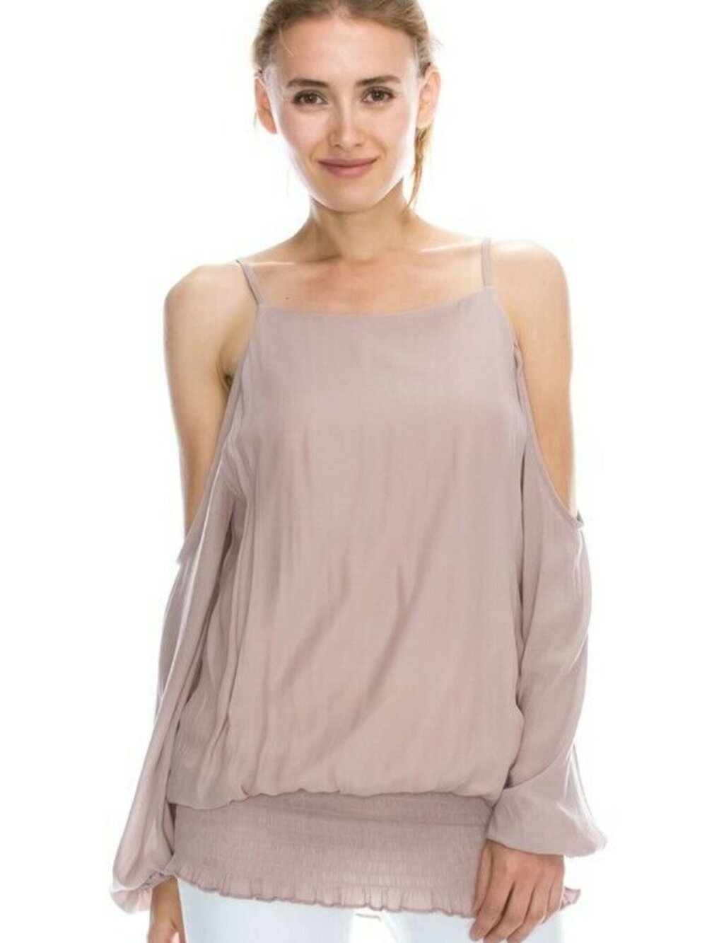 Mono B Women’s Blouse Cold Shoulder Mauve Blush Boho Chiffon Smocked S M L New